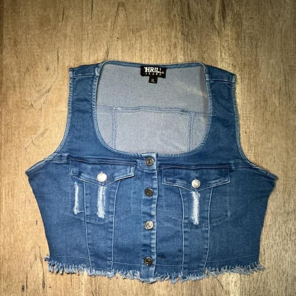 HRILL Distressed Denim Vest Button-Up Cropped‎ Raw Hem Women's Size XL